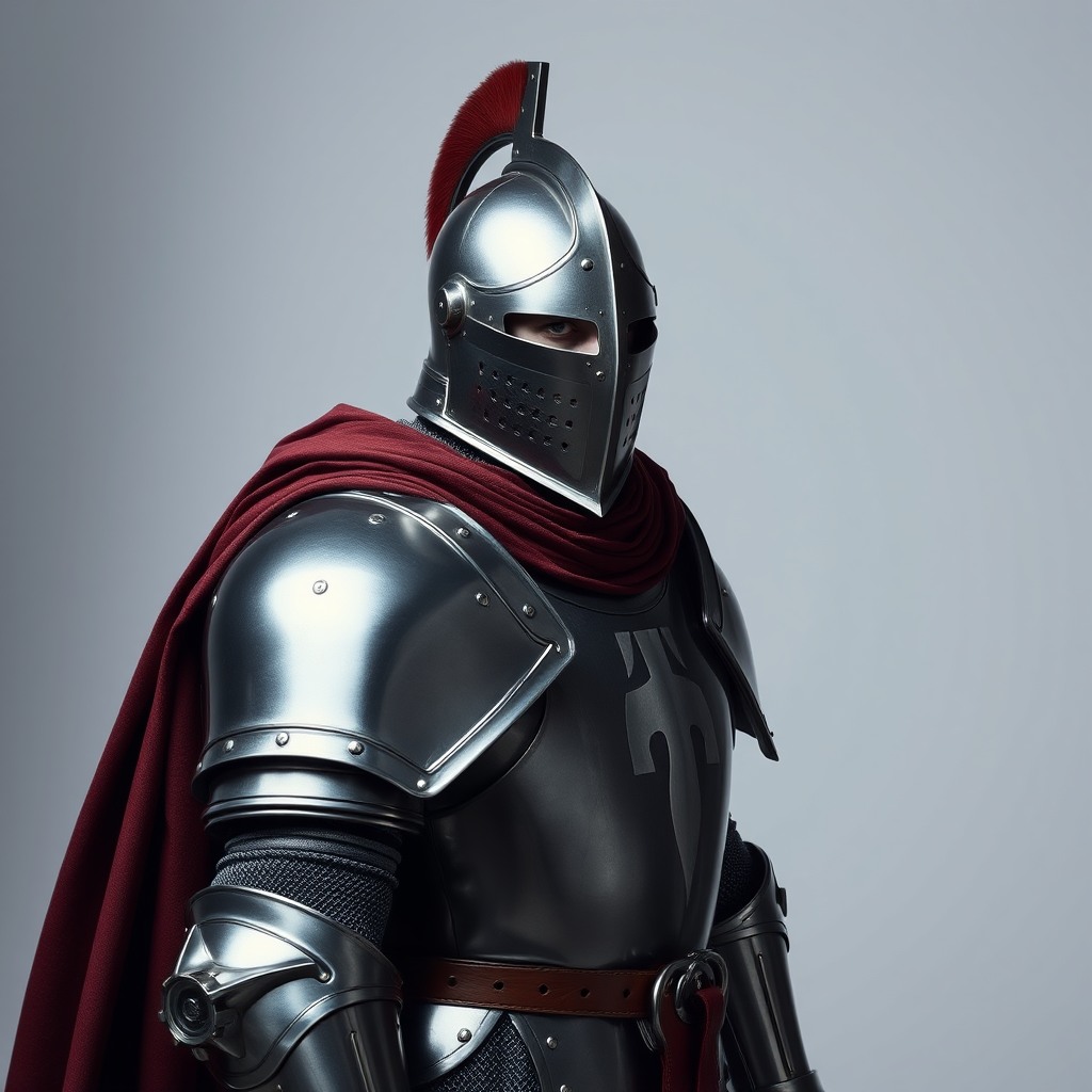 medieval knight in full armor, realistic metal reflections, studio lighting