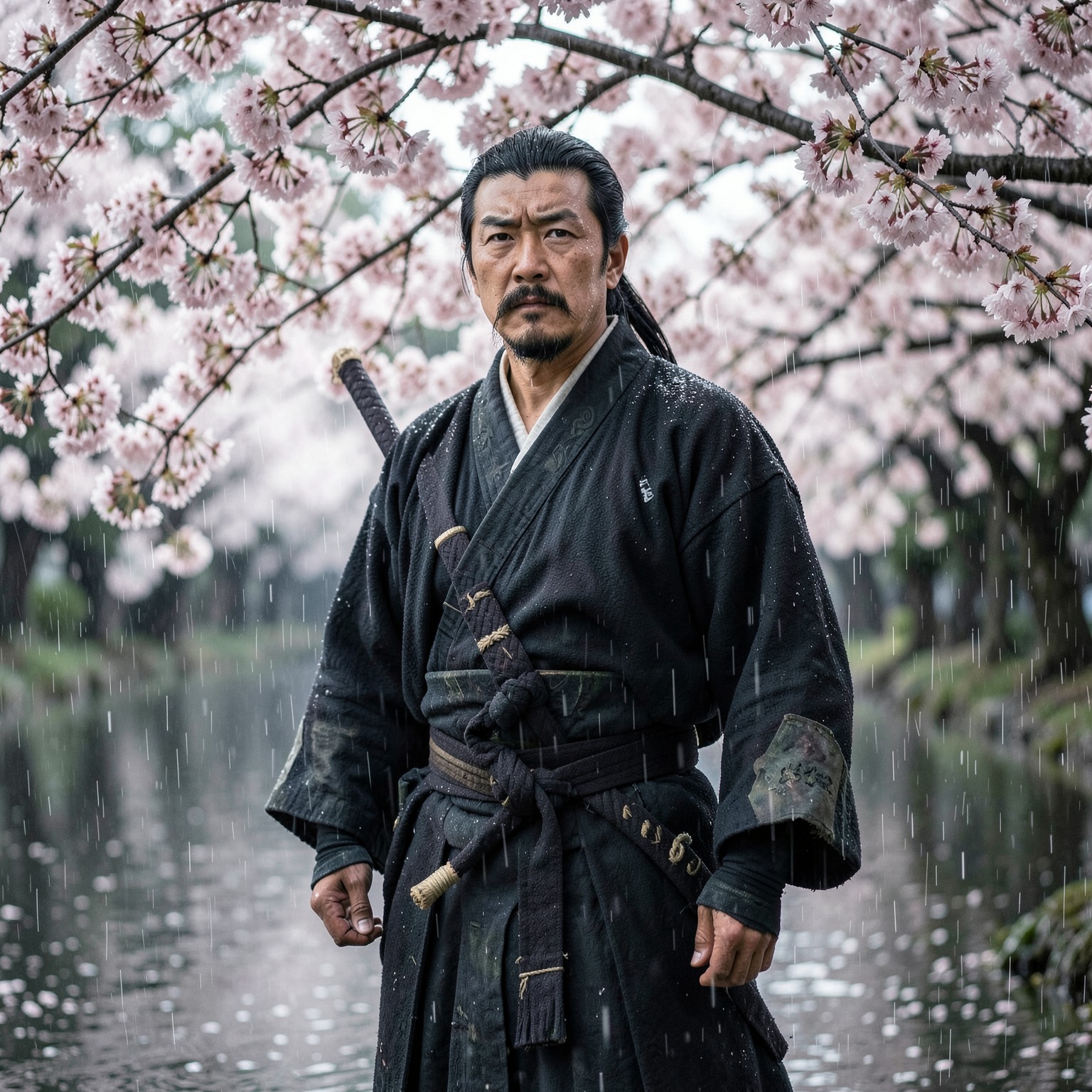 realistic samurai standing under cherry blossoms in the rain