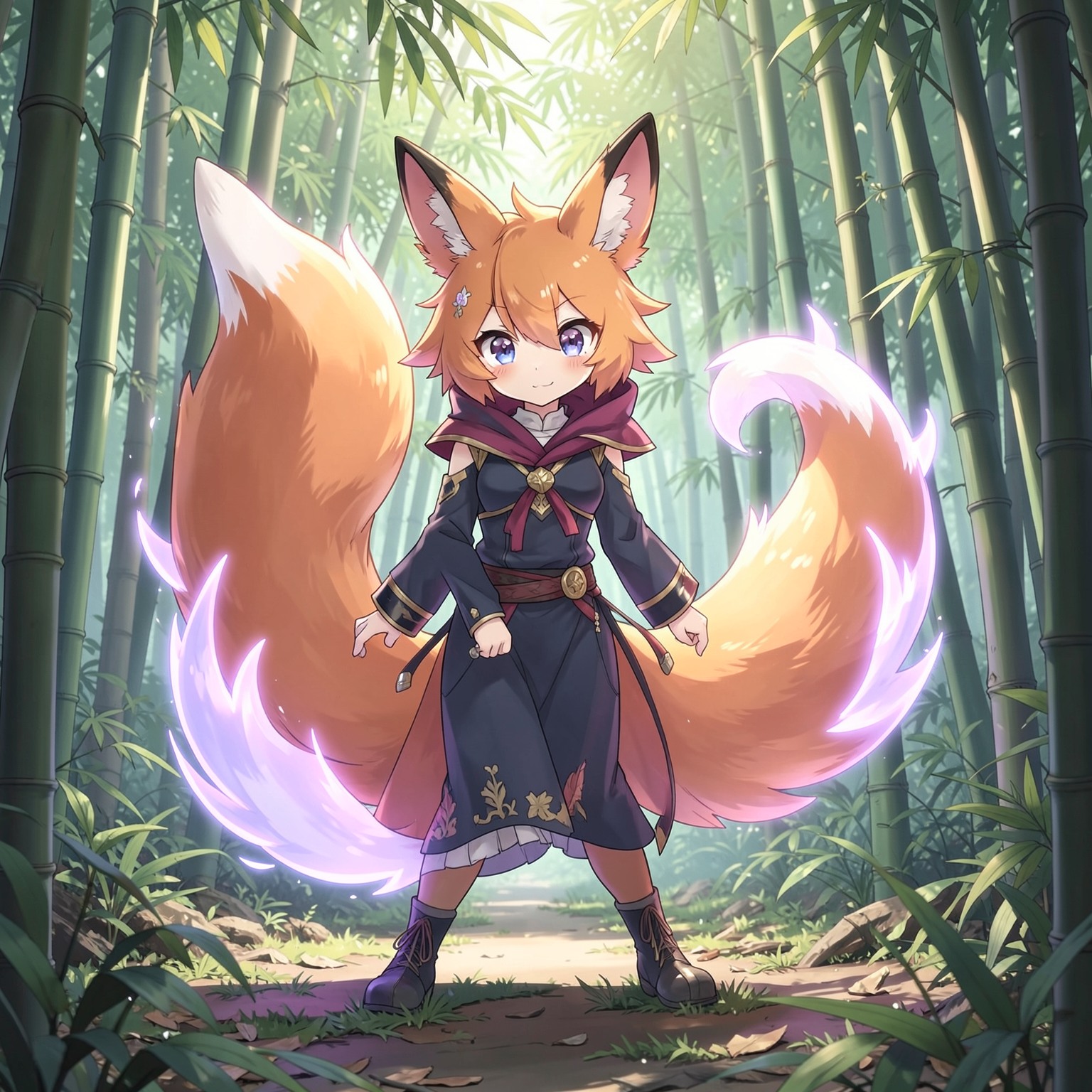 anime fox spirit with glowing tails in bamboo forest