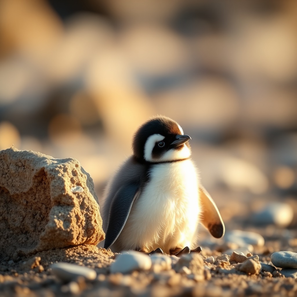 baby penguin, soft natural daylight, soft glow