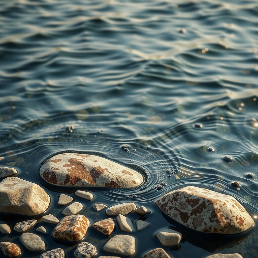 Photo-realistic editorial photography, realistic scene representing stones in water