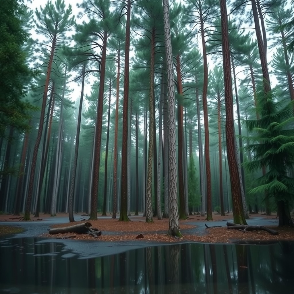 Realistic wide-angle shot of a dense pine forest after rain, wet ground reflections, diffused natural lighting, professional composition