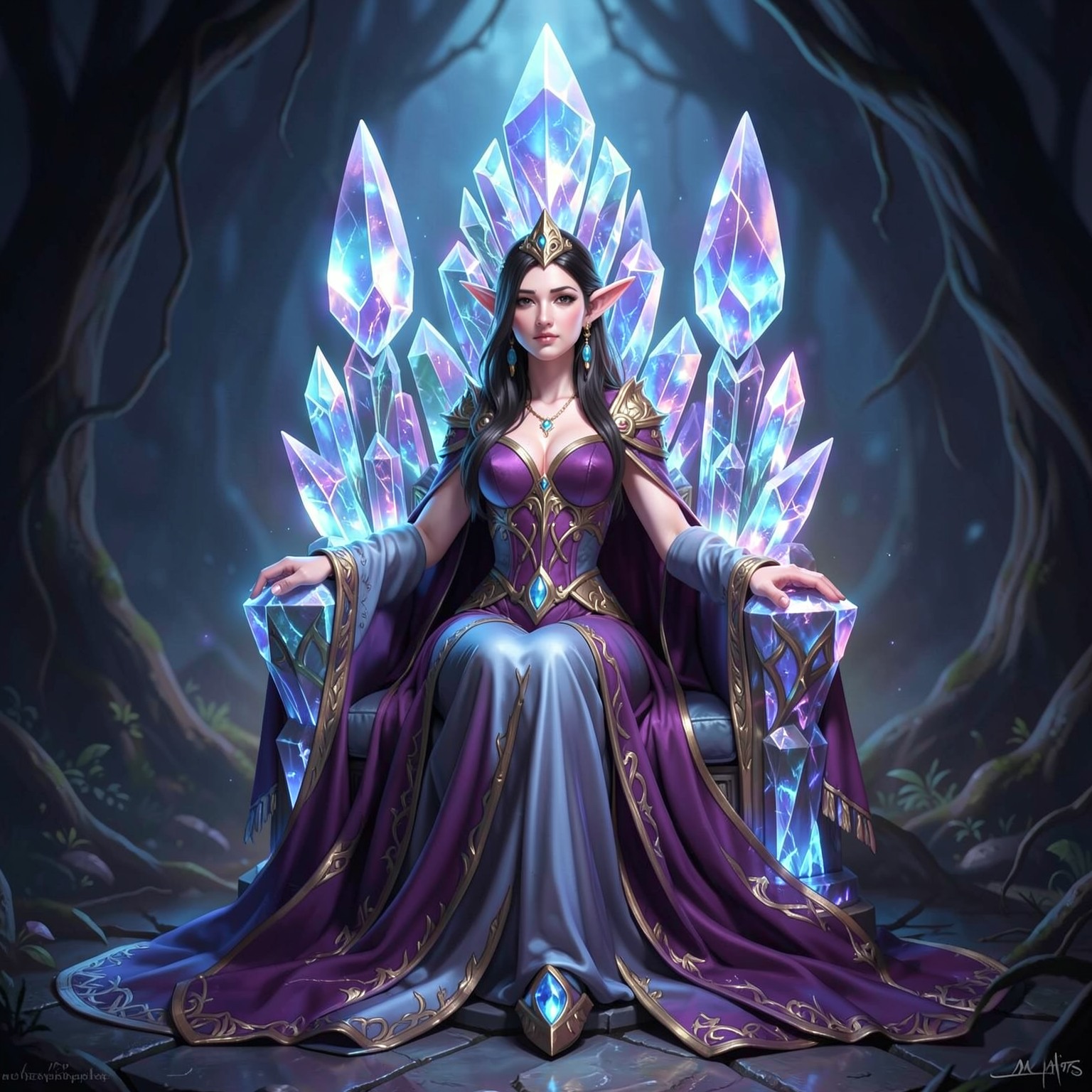 fantasy elf queen sitting on glowing crystal throne