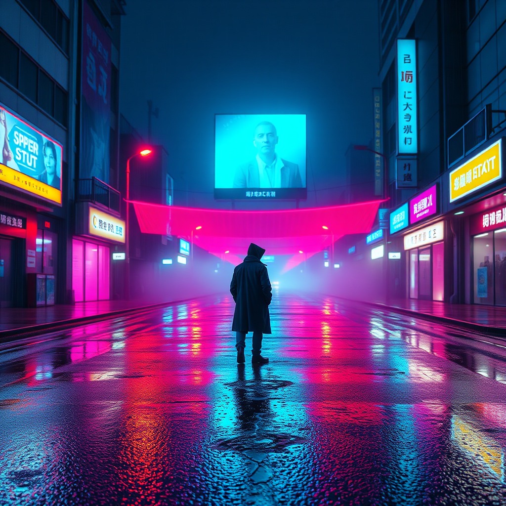 A cinematic cyberpunk street at night, rain-soaked asphalt reflecting neon lights, a lone futuristic character in a long coat standing under a holographic billboard, ultra-detailed, dramatic composition, shallow depth of field, soft volumetric fog, realistic lighting, neon blue and magenta color palette, high contrast, 35mm lens, cinematic photography, hyper-realistic, 8k quality, cyberpunk, cinematic lighting