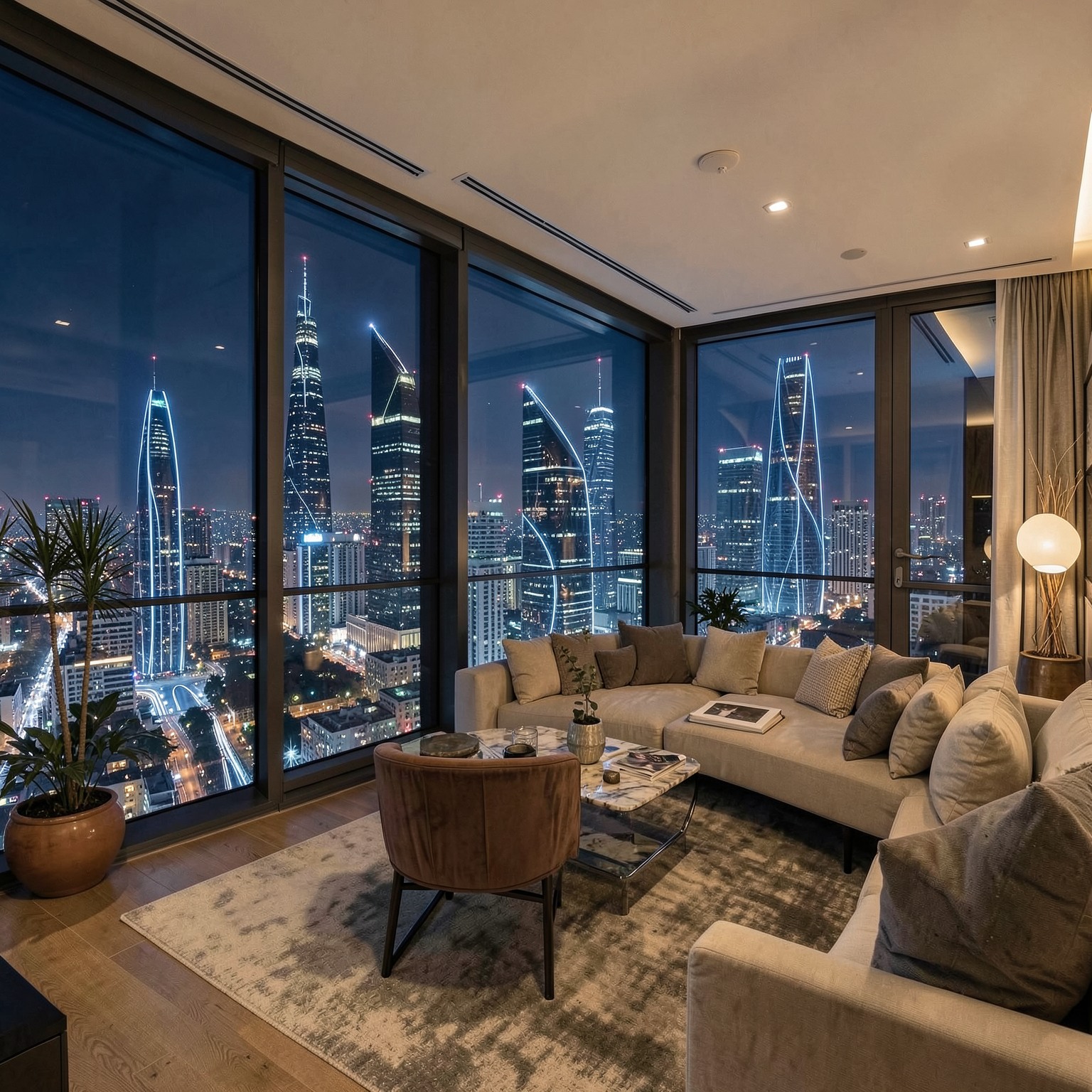 luxury penthouse interior overlooking futuristic skyline at night