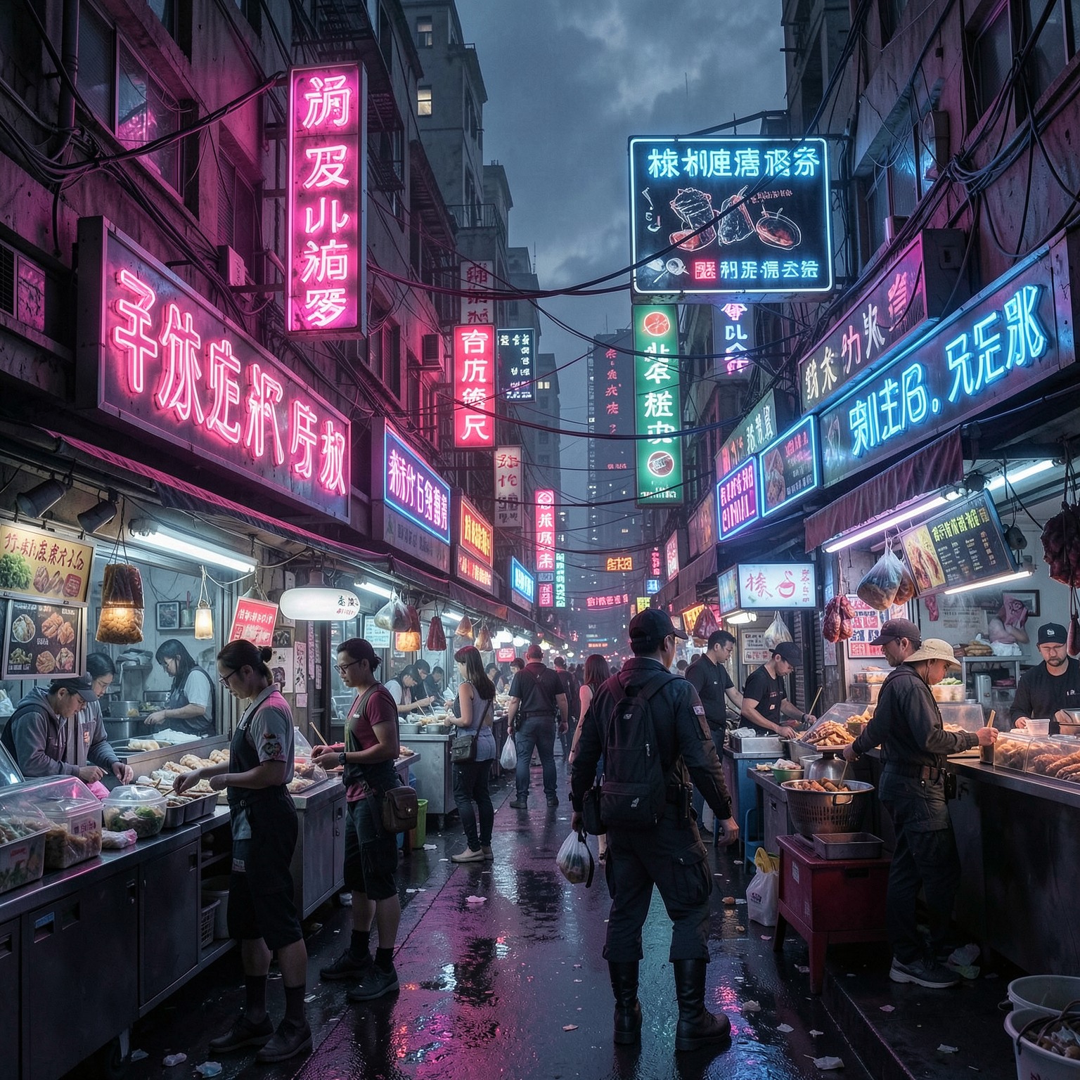 cyberpunk street food market full of neon signs