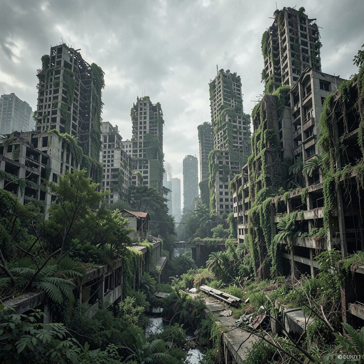 post-apocalyptic city with overgrown vegetation and destroyed skyscrapers