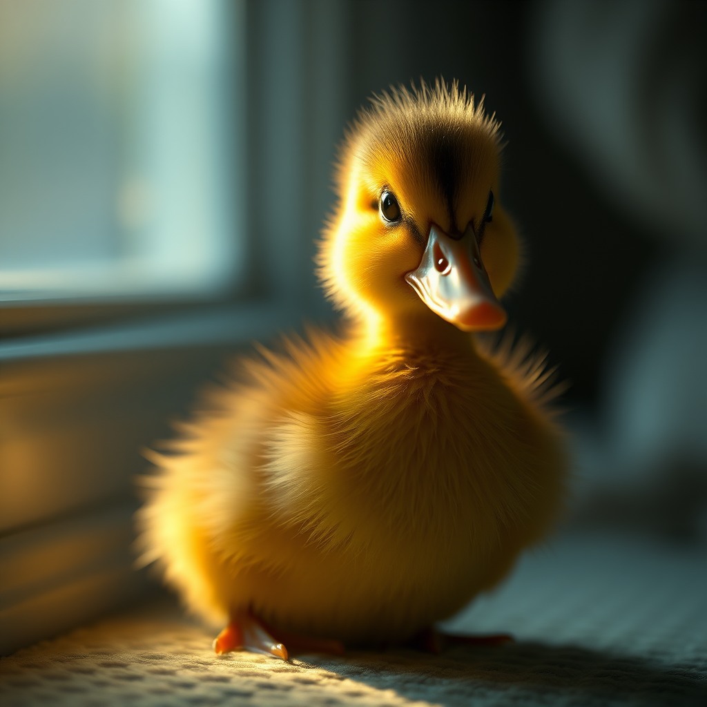curious duckling, cozy indoor light, cinematic cute look