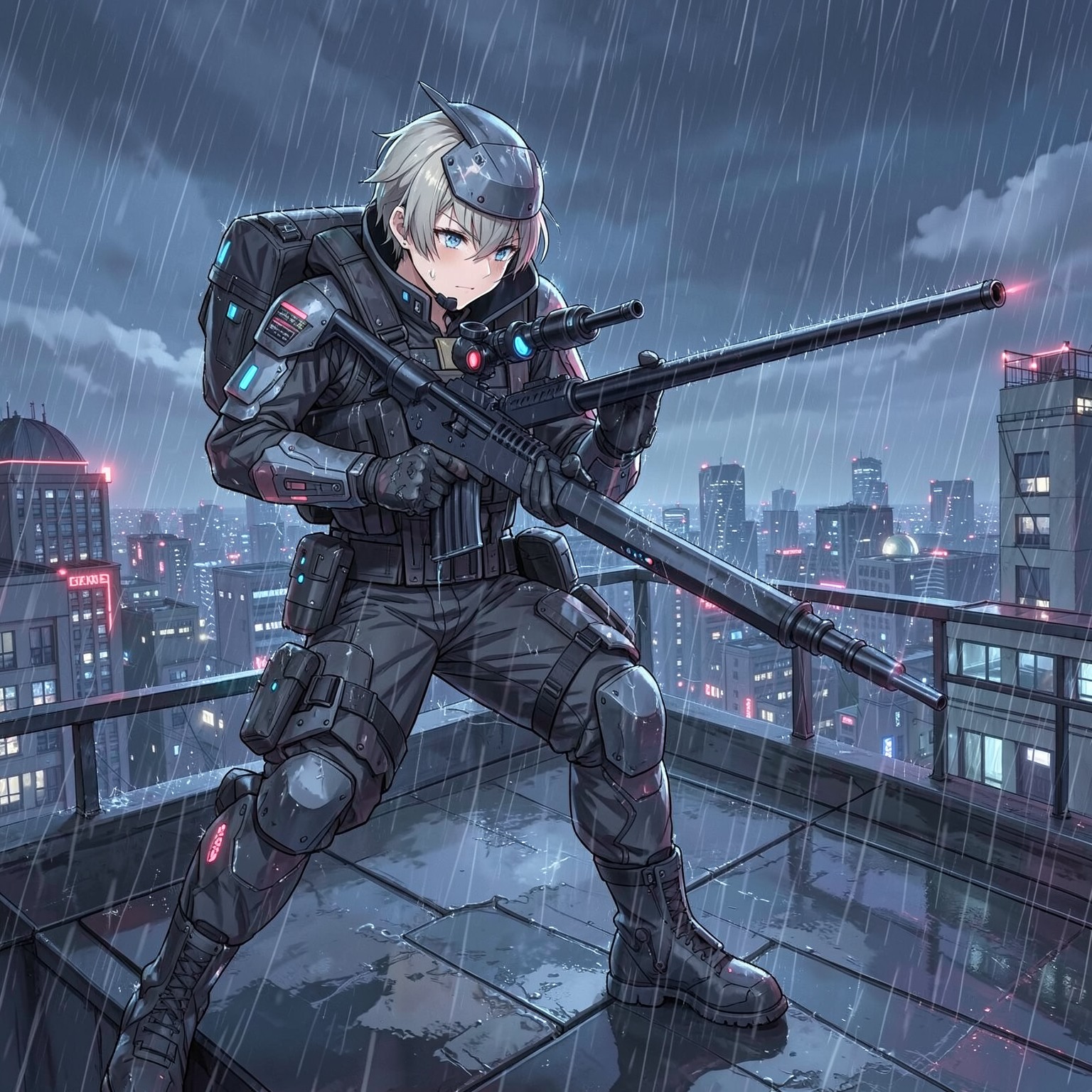 anime cyberpunk sniper on rooftop in rain
