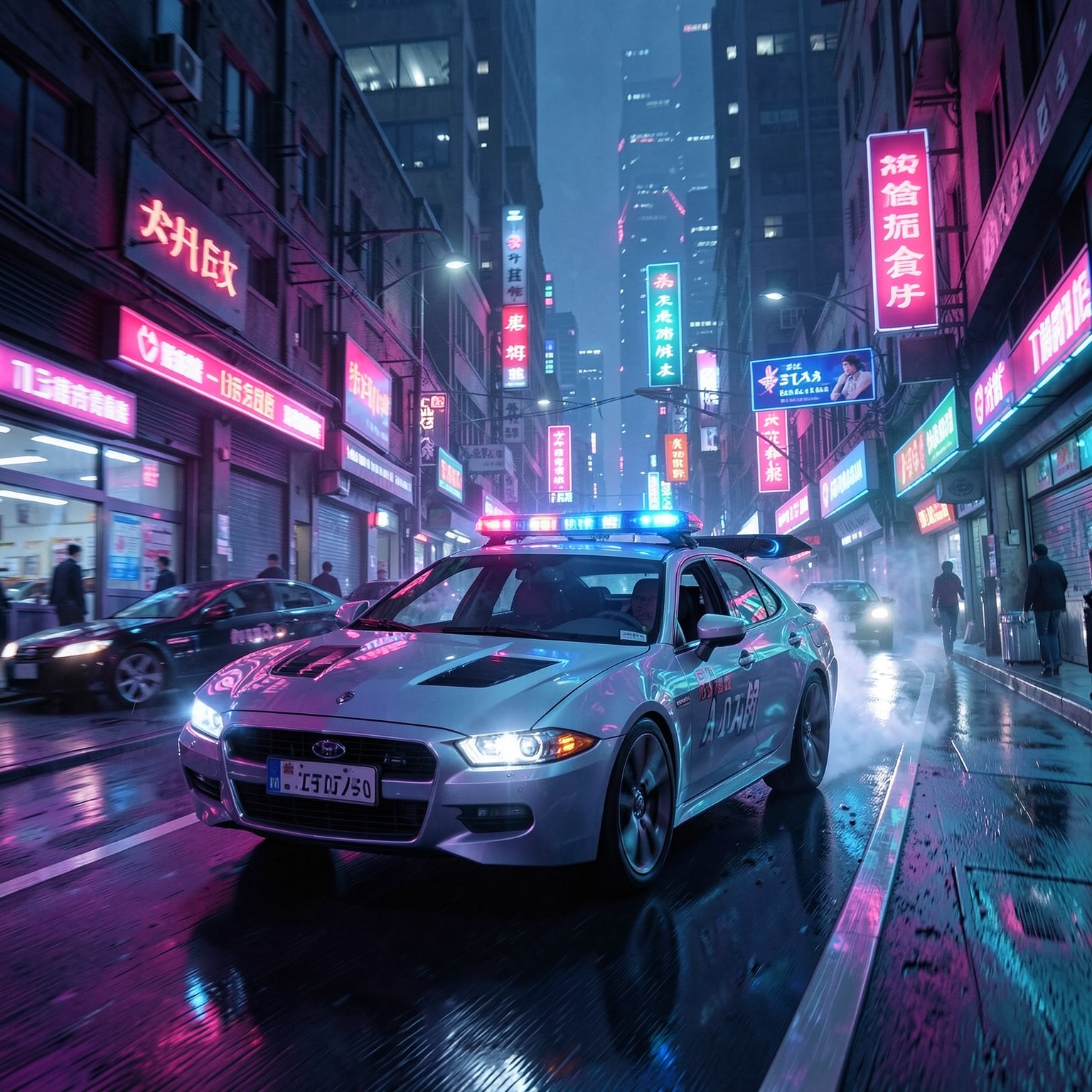 futuristic police car chase in neon cyberpunk streets