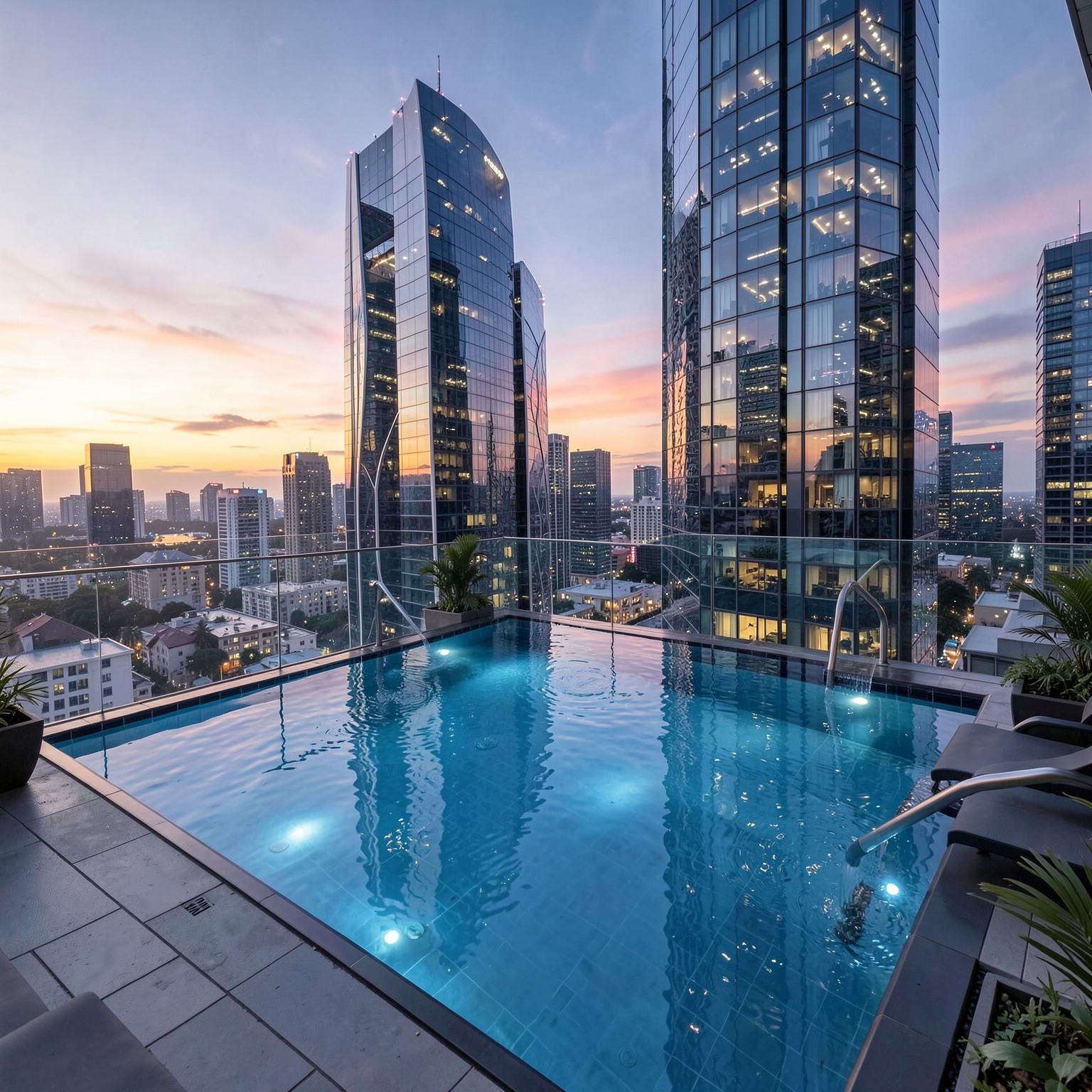 Futuristic skyscraper rooftop pool at sunset