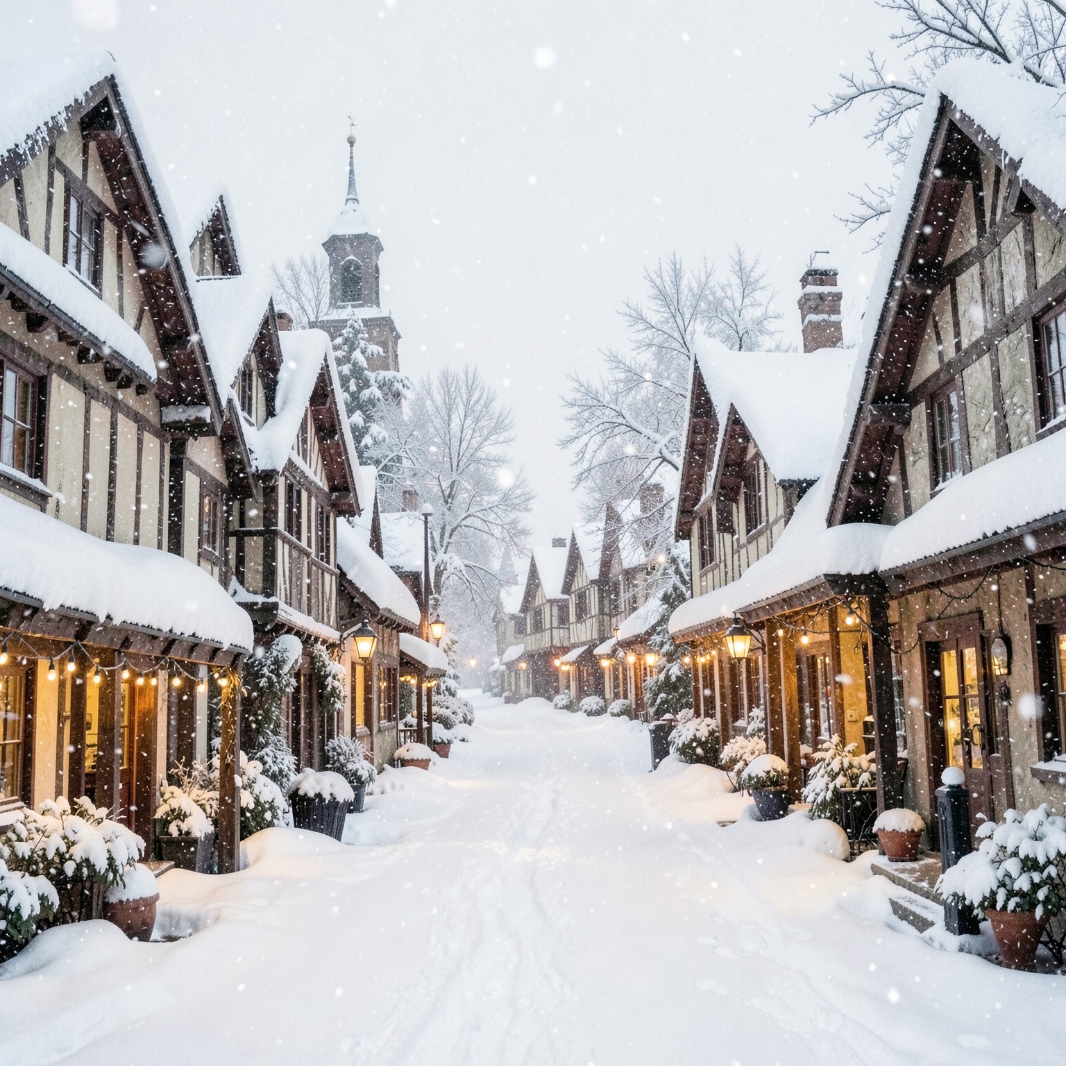 cozy winter village during snowfall
