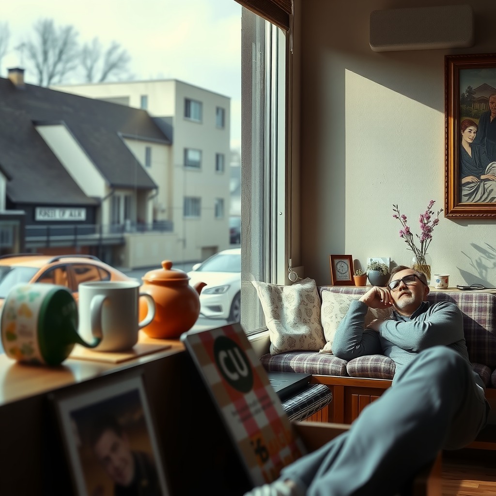 Photo-realistic editorial photography, realistic scene representing a man relaxing with coffee near window