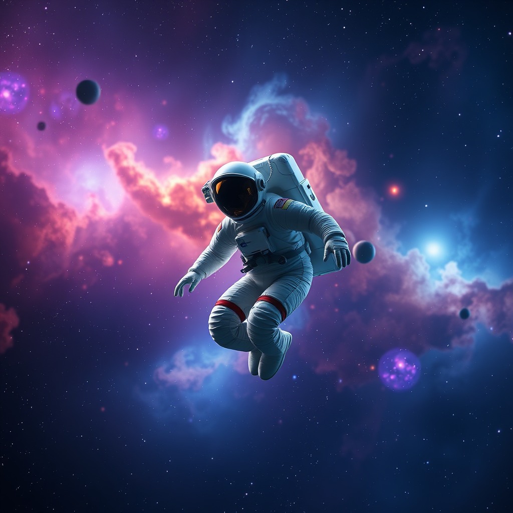 astronaut floating in deep space, colorful nebula, ultra detailed, cinematic lighting