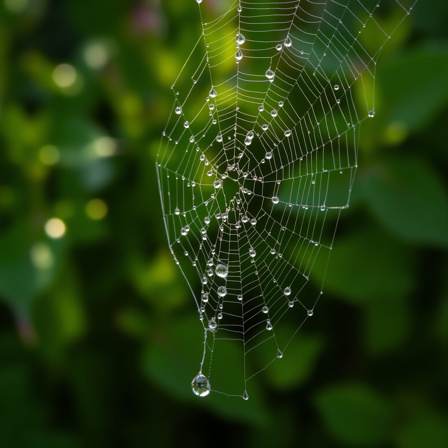 Macro image of a spider web adorned with dewdrops, illuminated by morning light.