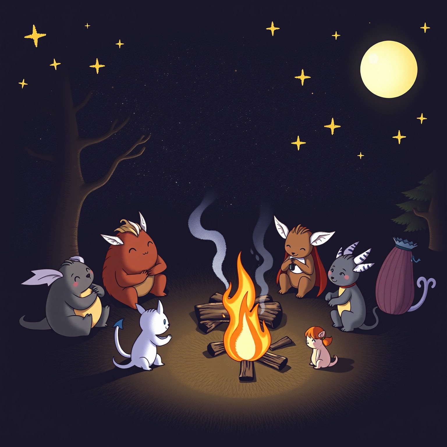 Whimsical fantasy creatures gathered around a glowing campfire at night.