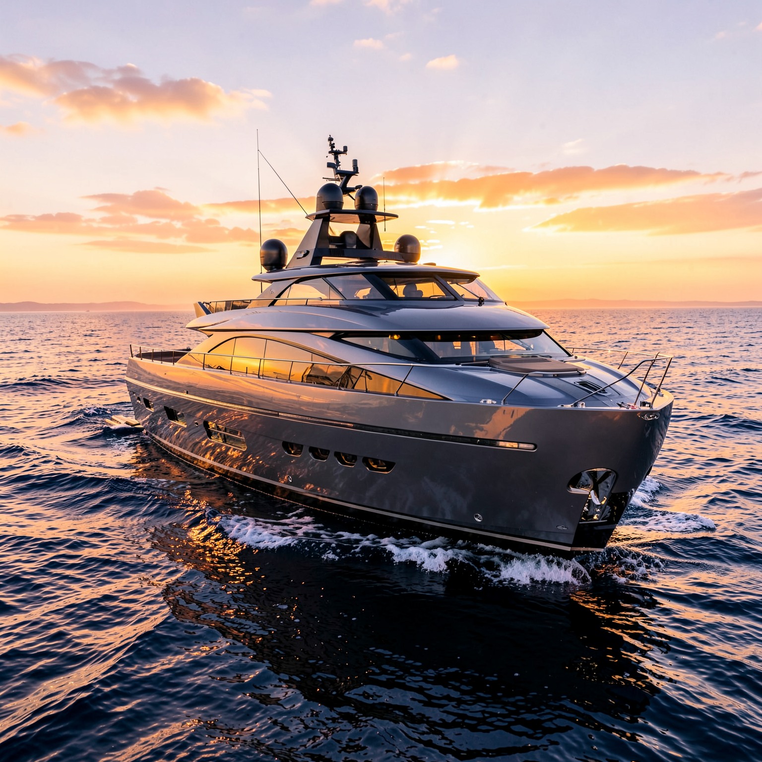 futuristic luxury yacht sailing at sunset