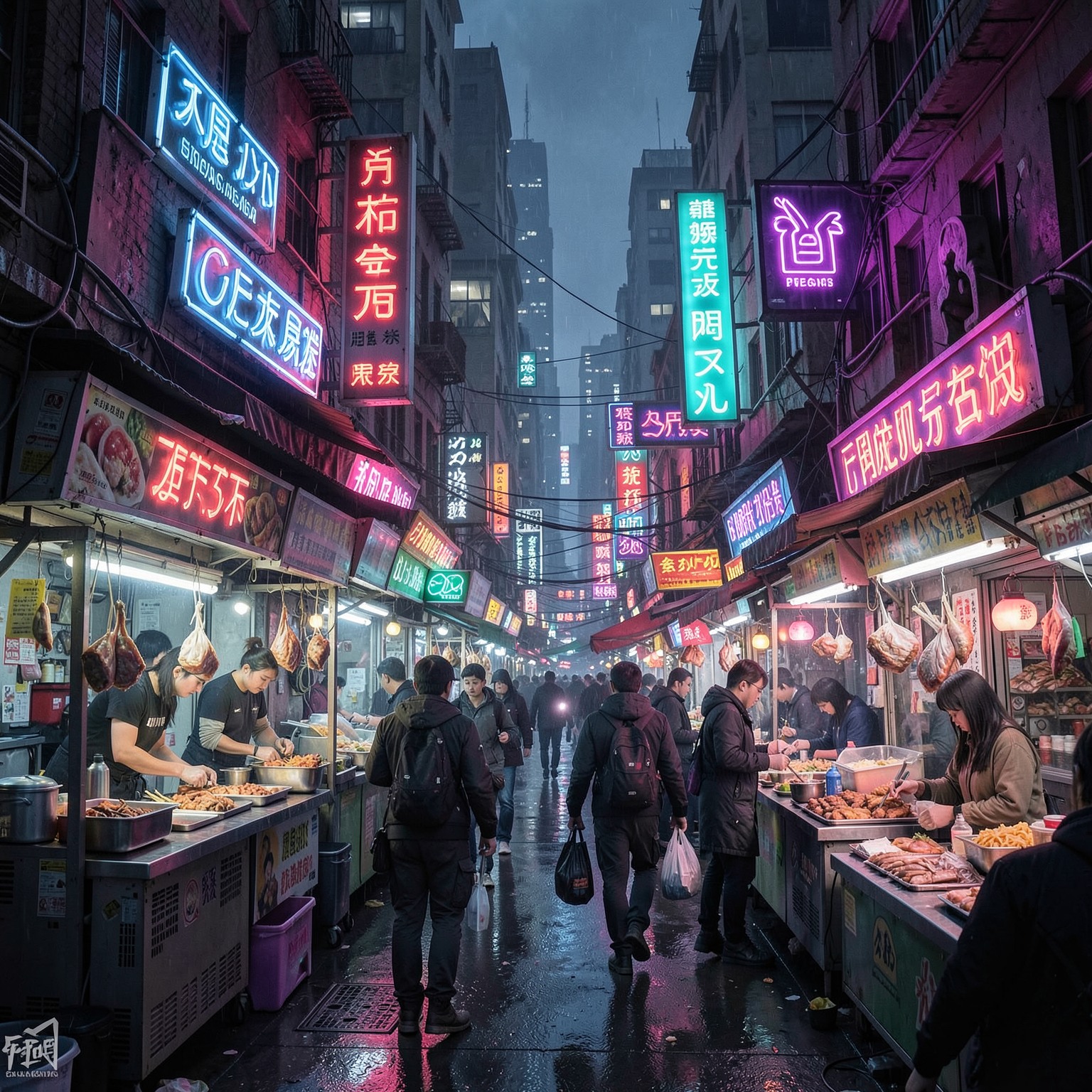 cyberpunk street food market full of neon signs