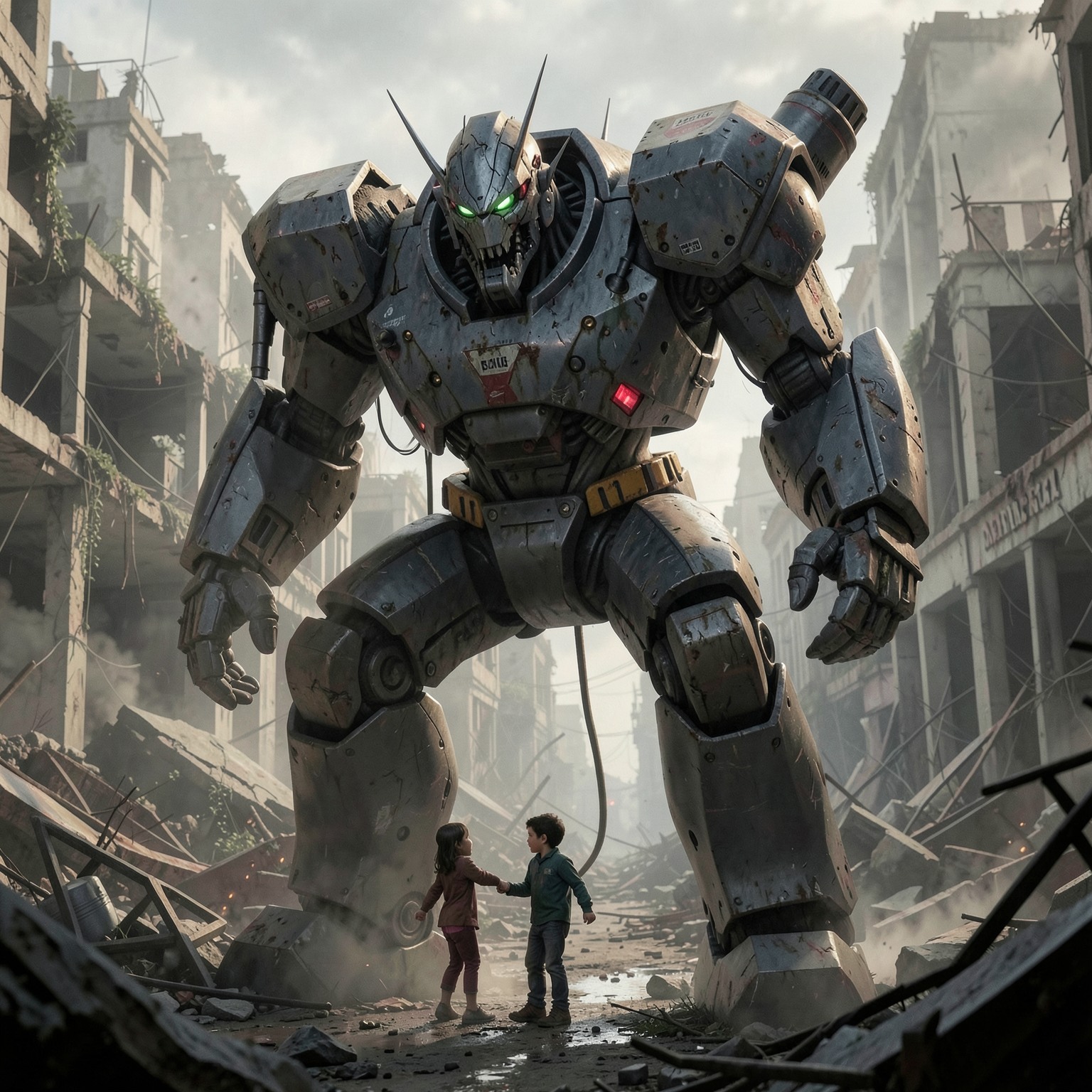 giant robot protecting a small child in ruined city, emotional cinematic scene