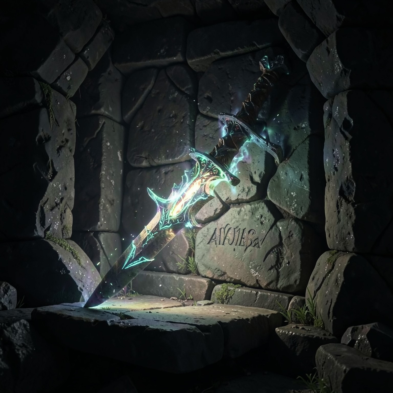 fantasy sword glowing inside ancient stone