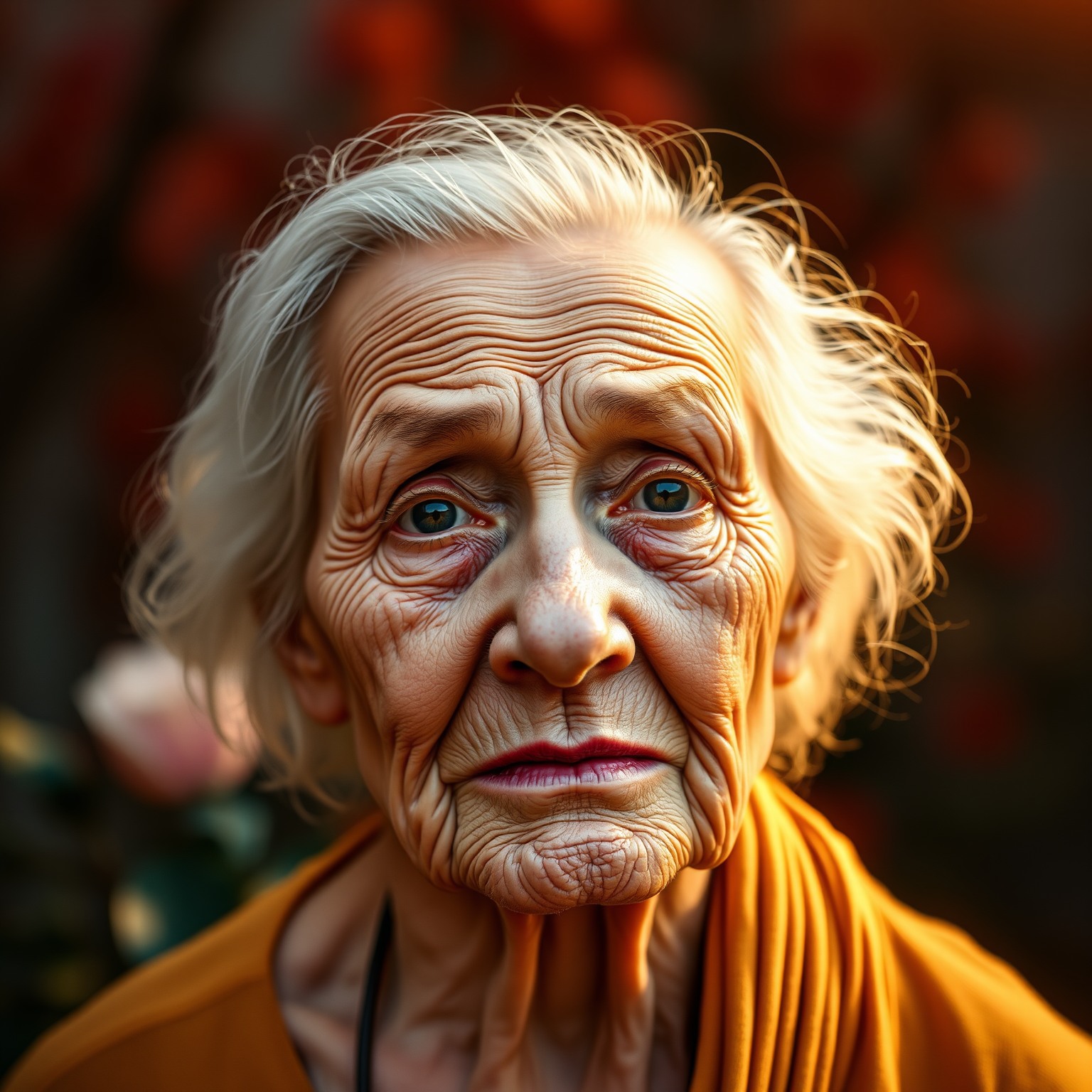 Photorealistic portrait of an elderly woman with wrinkles, glowing eyes, and a blurred garden background.