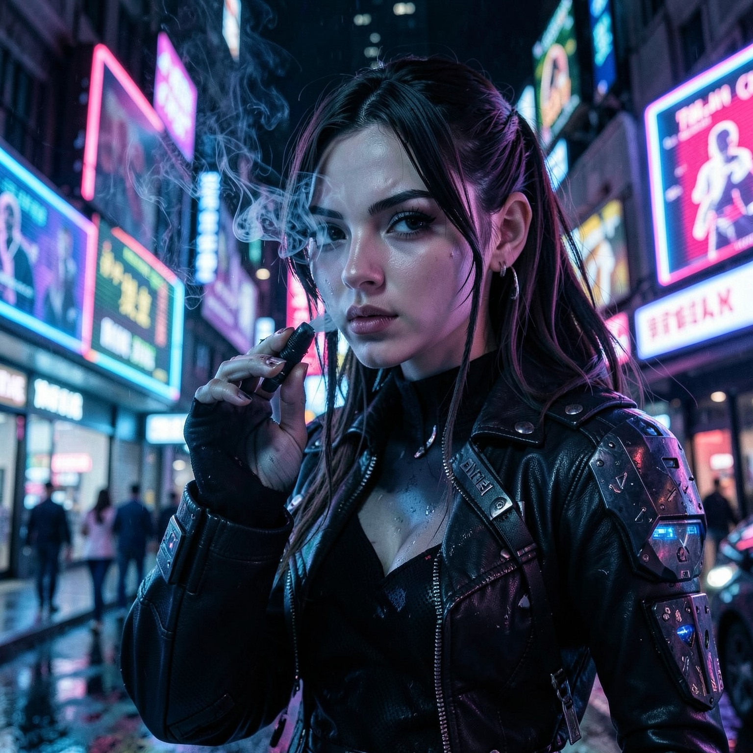 Stylish cyberpunk girl smoking under holographic ads, cinematic portrait
