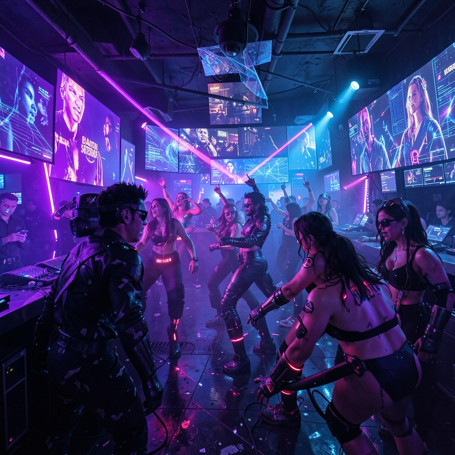 cyberpunk nightclub with neon dancers and holographic screens