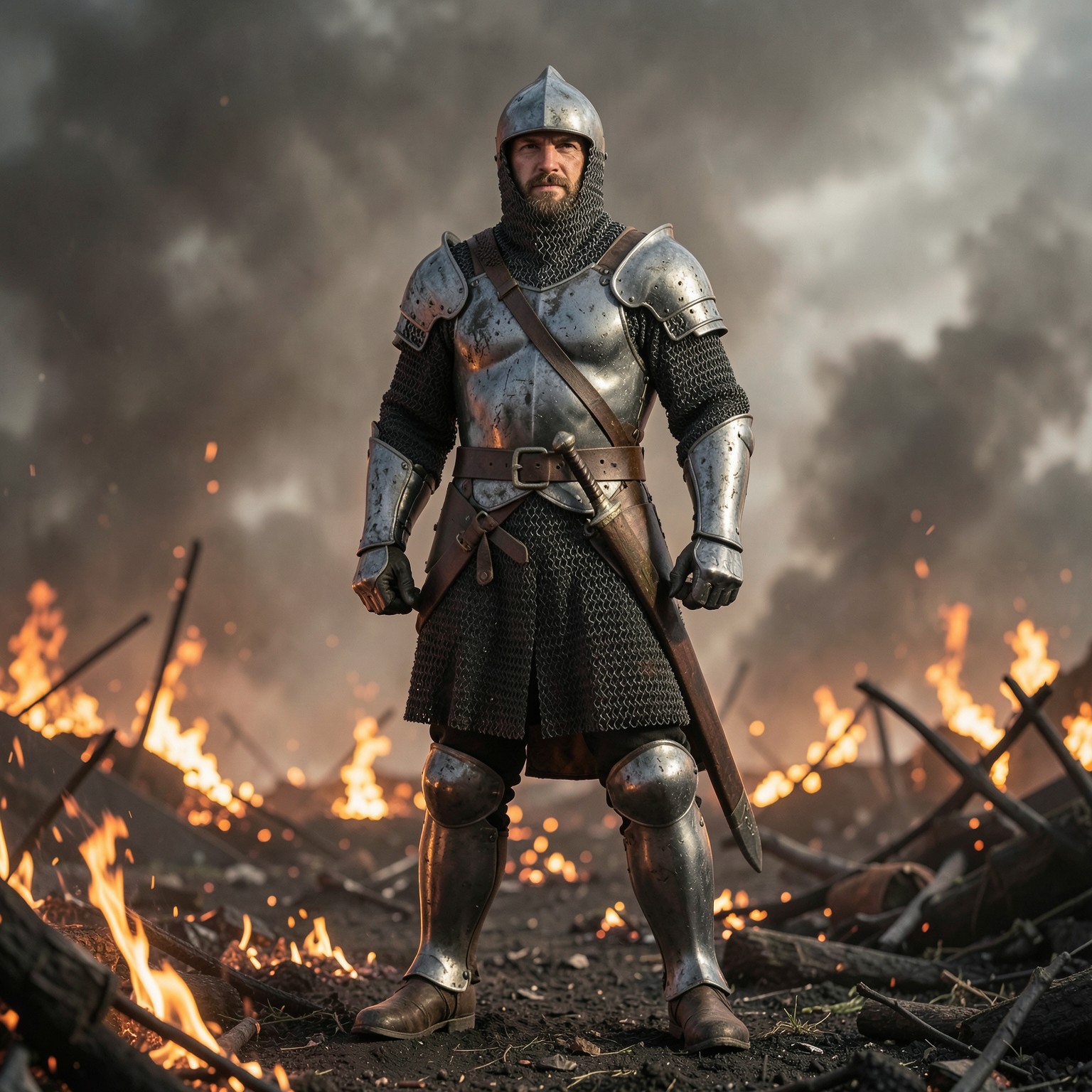 ultra realistic medieval knight standing in burning battlefield smoke, dramatic lighting