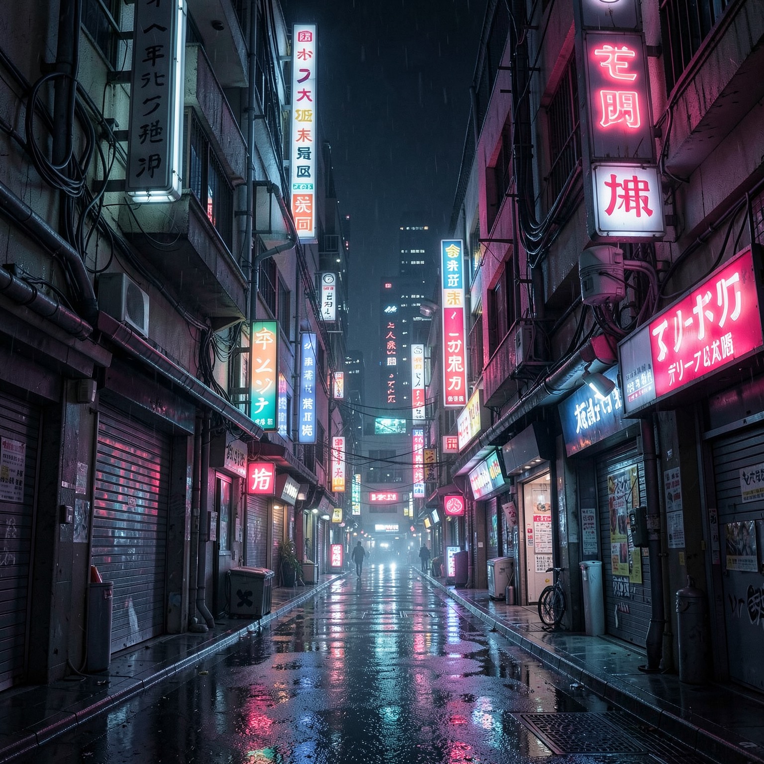 futuristic cyberpunk alley in Tokyo at night, neon reflections, cinematic lighting, ultra detailed
