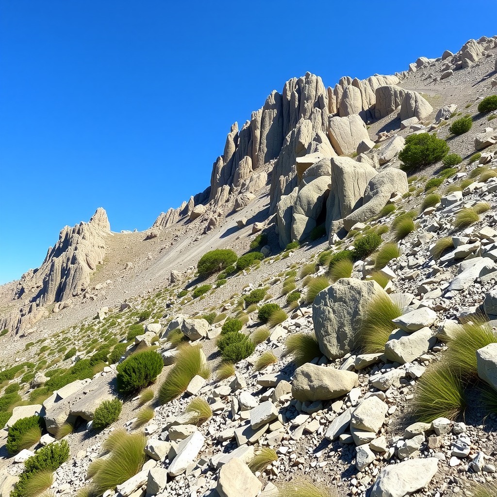 Realistic rocky mountain slope with sparse vegetation, neutral daylight