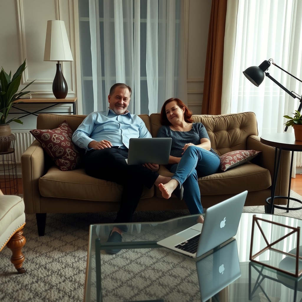Photo-realistic editorial photography, realistic scene representing a couple relaxing on sofa after work