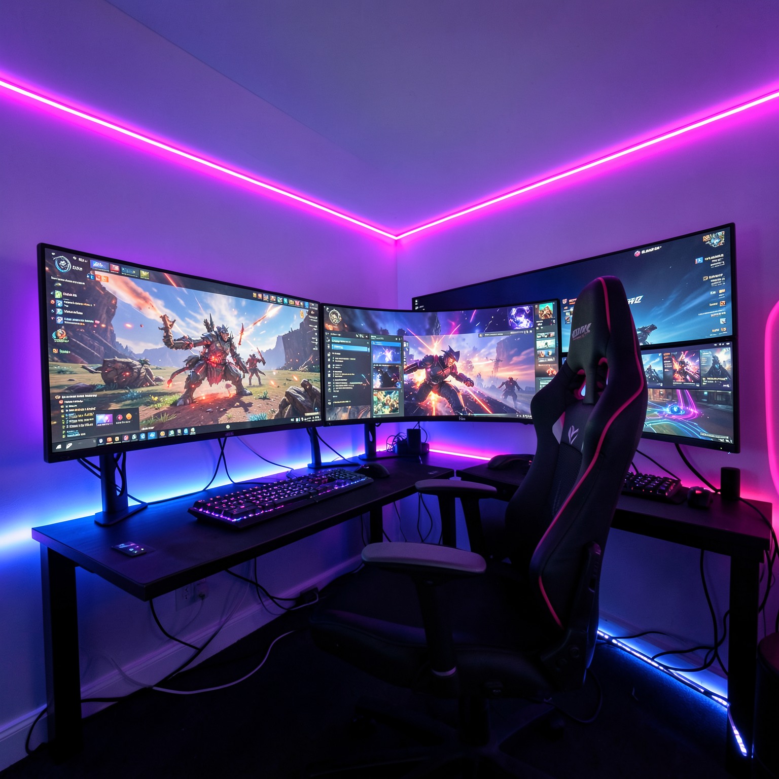 Professional gaming room with RGB lights and ultra wide monitor setup
