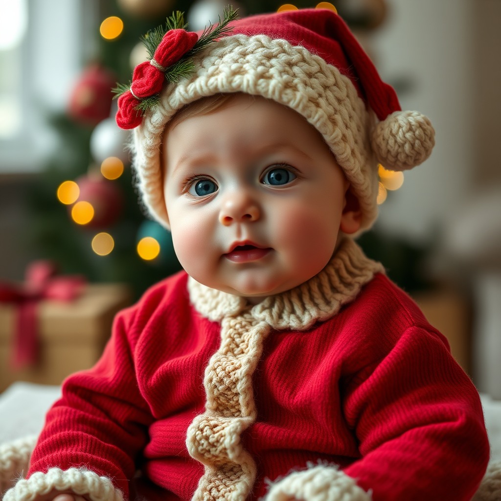 cute baby in christmas outfit, soft light, photorealistic