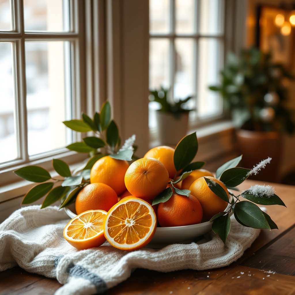 winter citrus fruits, cozy indoor light