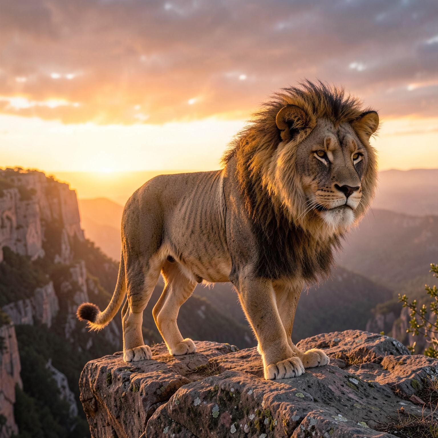 realistic lion standing on cliff during sunrise