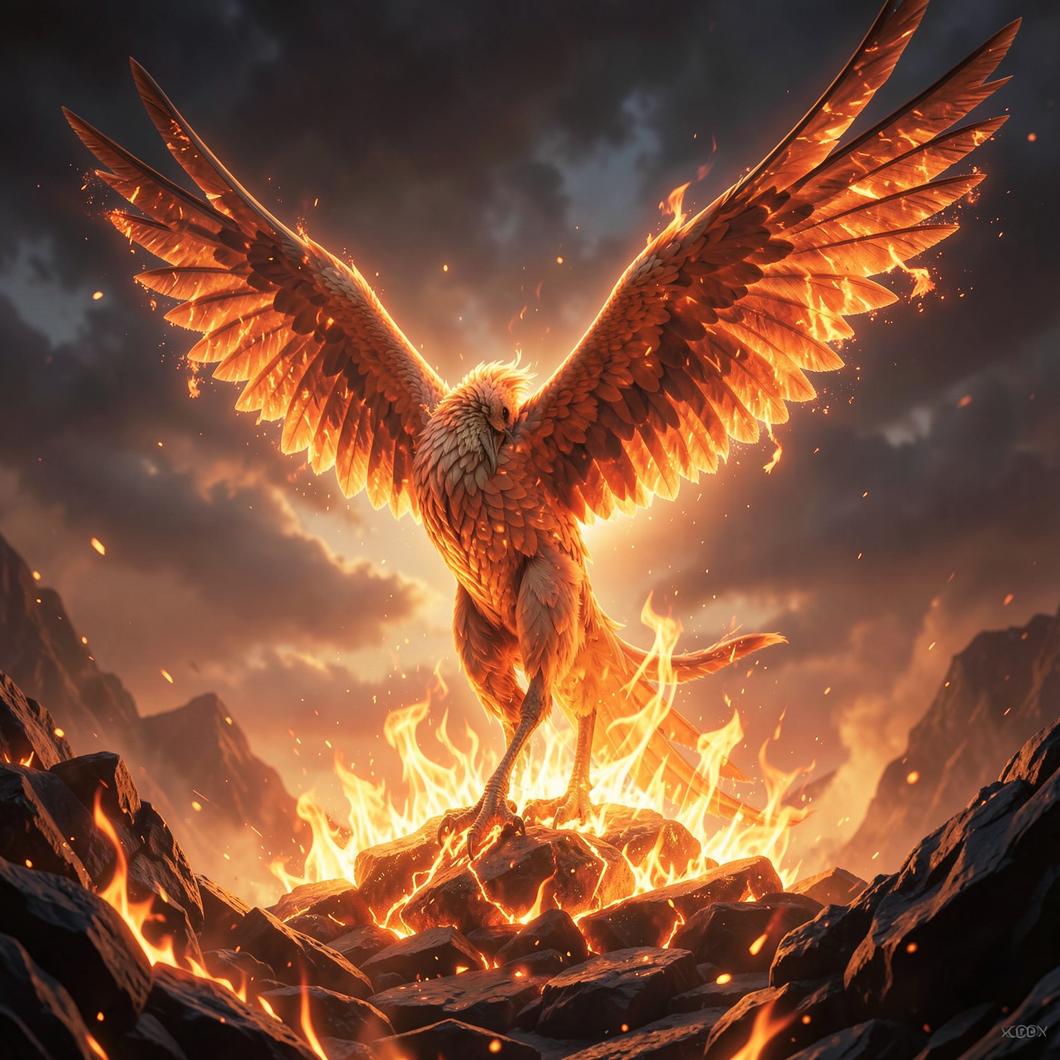 fantasy phoenix rising from fire with cinematic flames