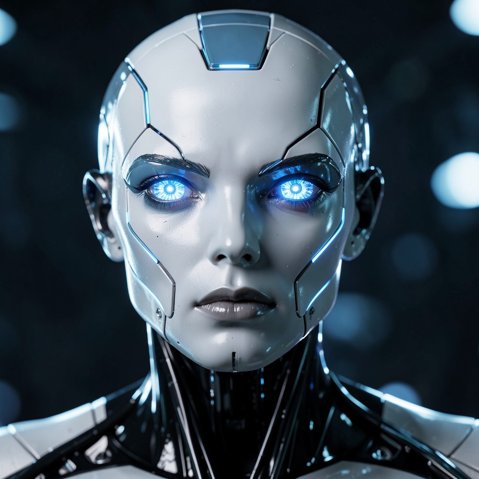 Futuristic AI robot portrait with glowing eyes, hyper realistic render