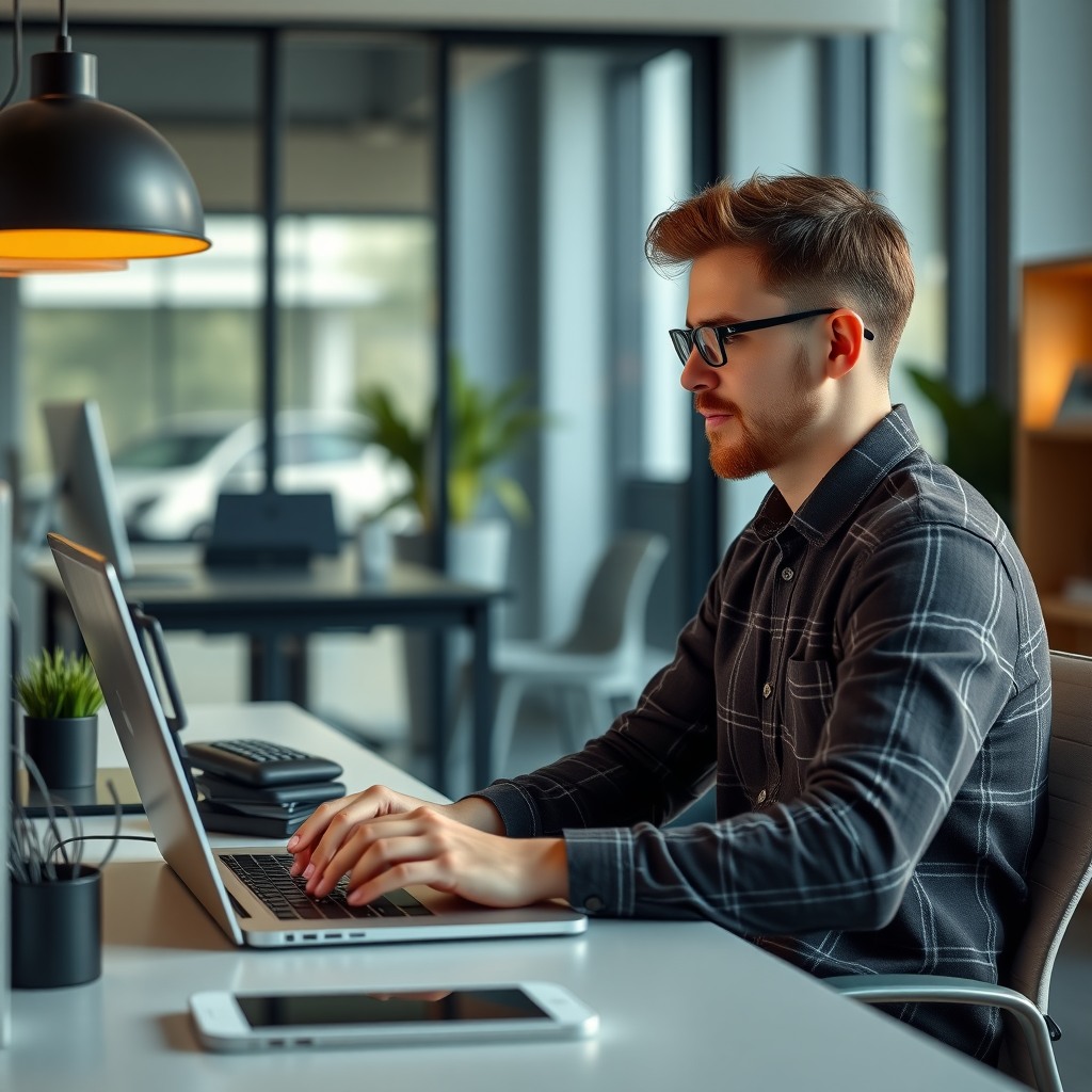 Photo-realistic editorial photography, realistic scene representing a software developer coding on laptop at modern workspace, natural lighting