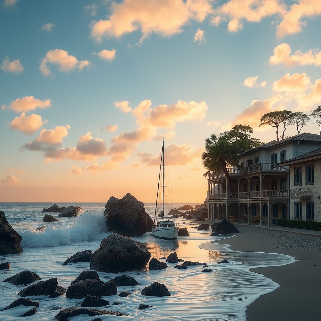 Photo-realistic editorial photography, realistic scene representing remote coast