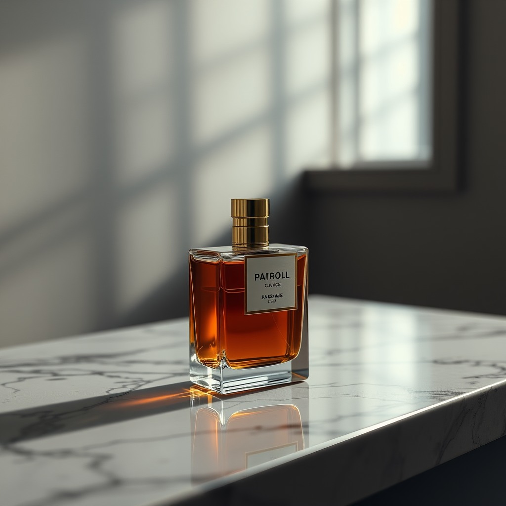 luxury perfume bottle on marble surface, cinematic lighting, high contrast