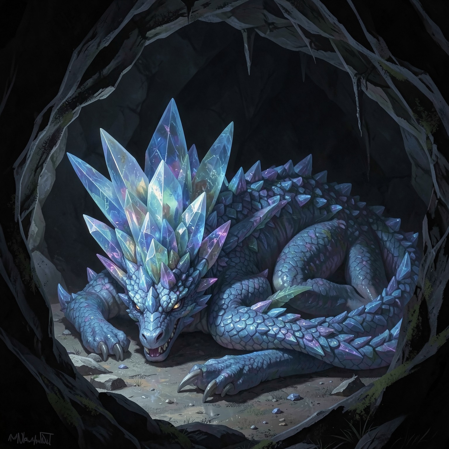 giant crystal dragon sleeping inside cave