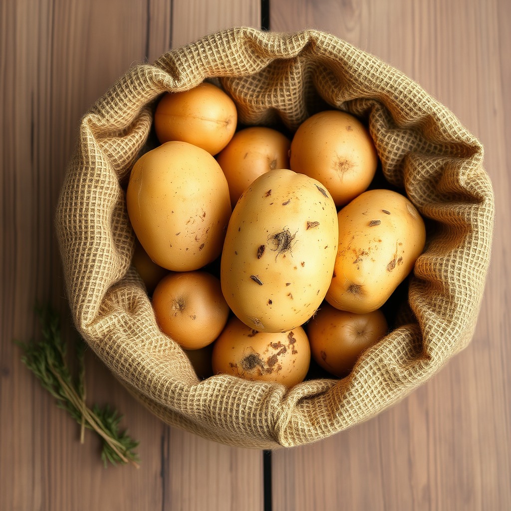 potatoes in burlap sack, rustic farm style