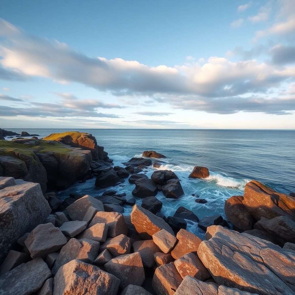 Photo-realistic editorial photography, realistic scene representing rocky coastline