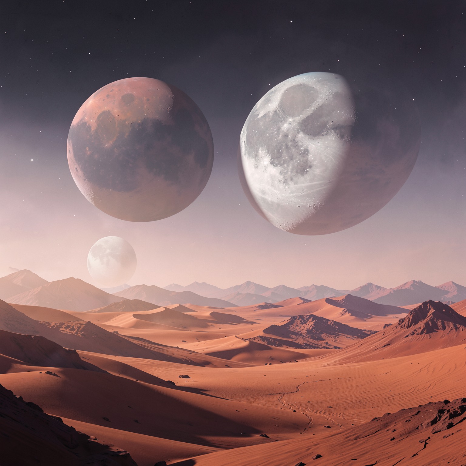 surreal desert with giant floating moons