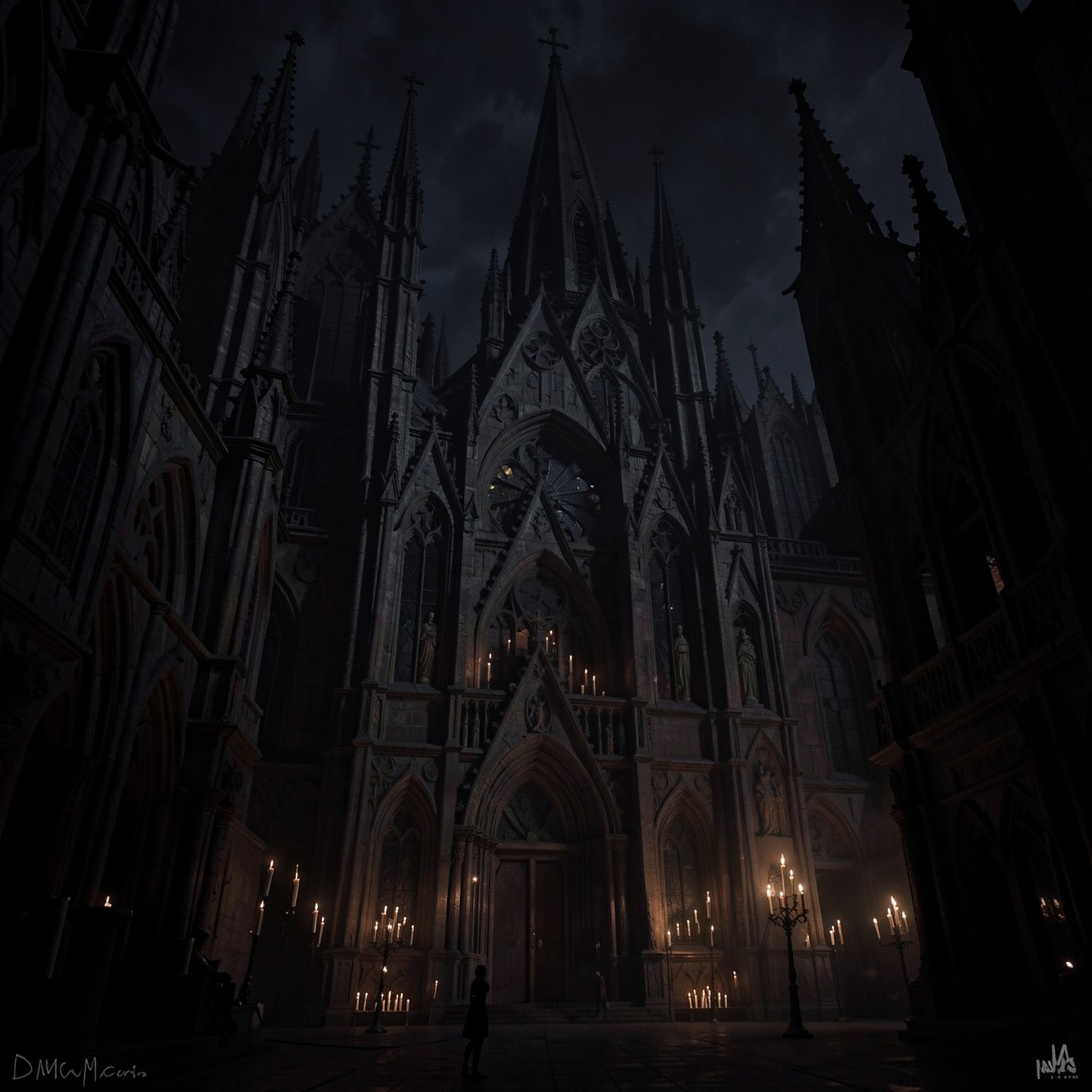 dark gothic cathedral with candles and shadows