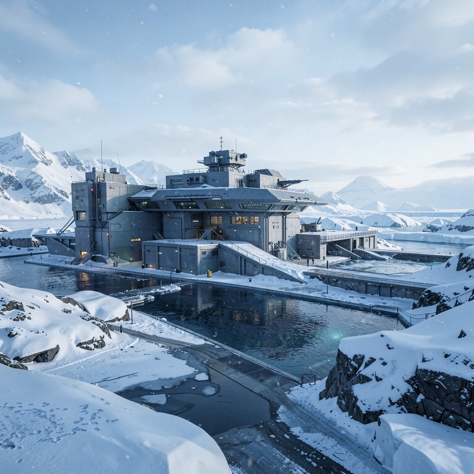 futuristic military base in arctic landscape