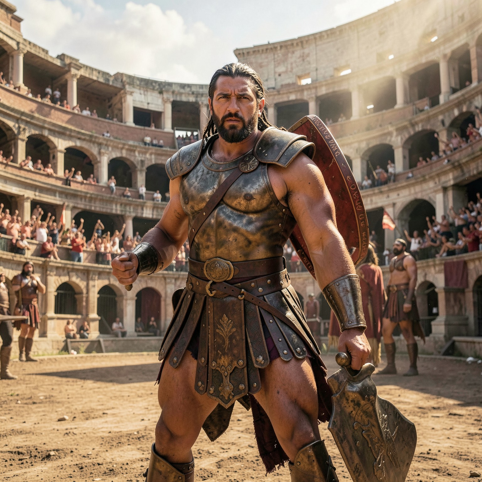 cinematic Roman gladiator inside ancient arena