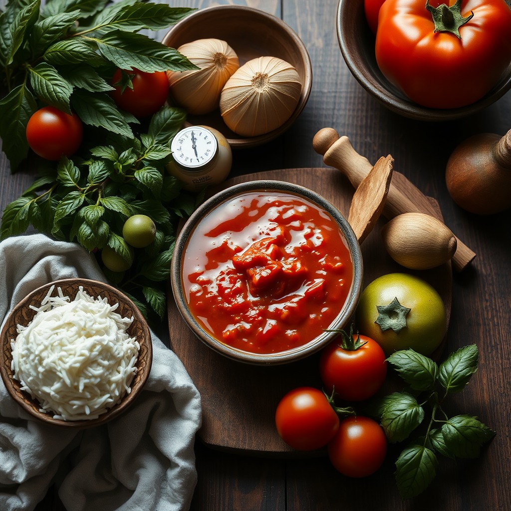 tomato sauce ingredients still life, italian mood