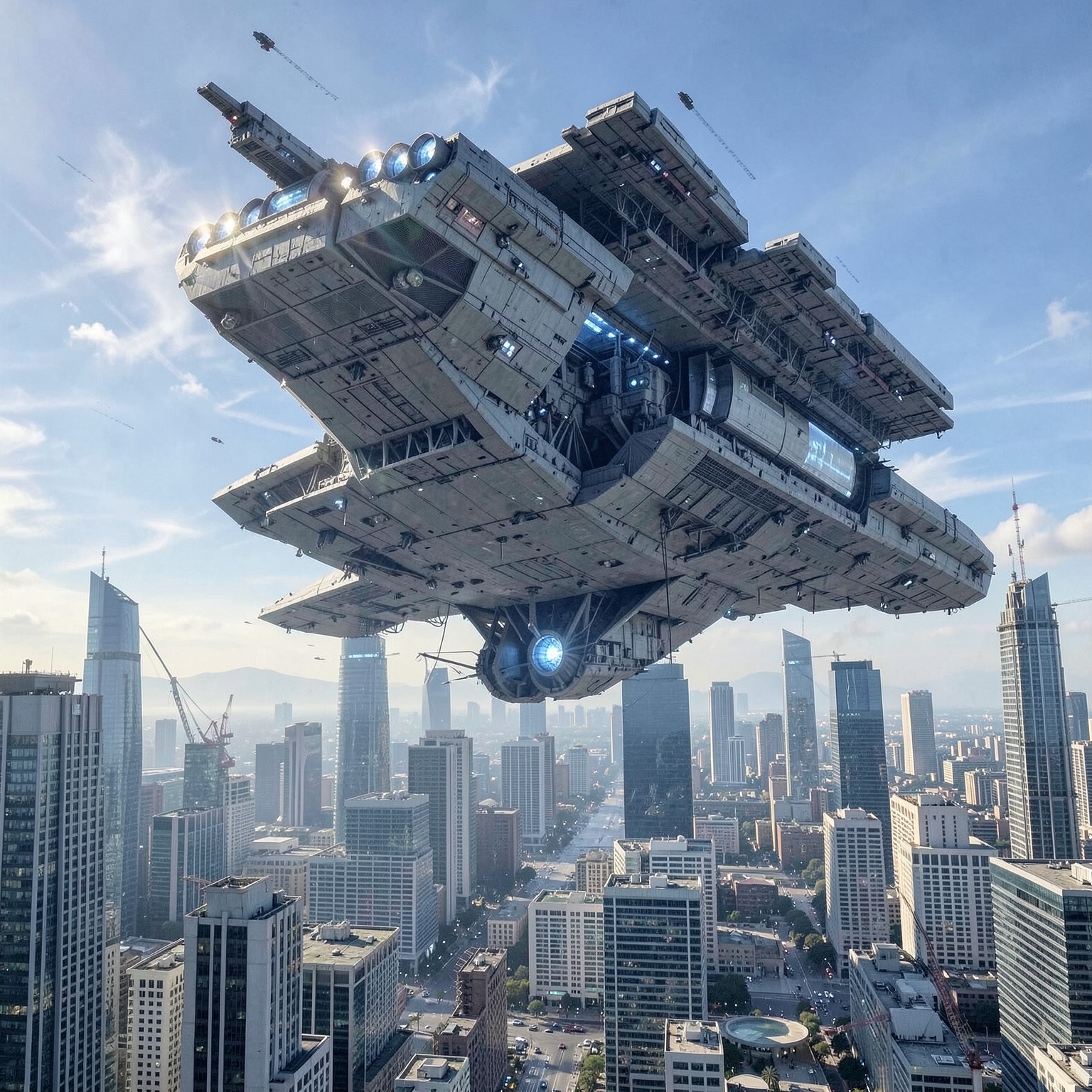 massive spaceship hovering above modern city