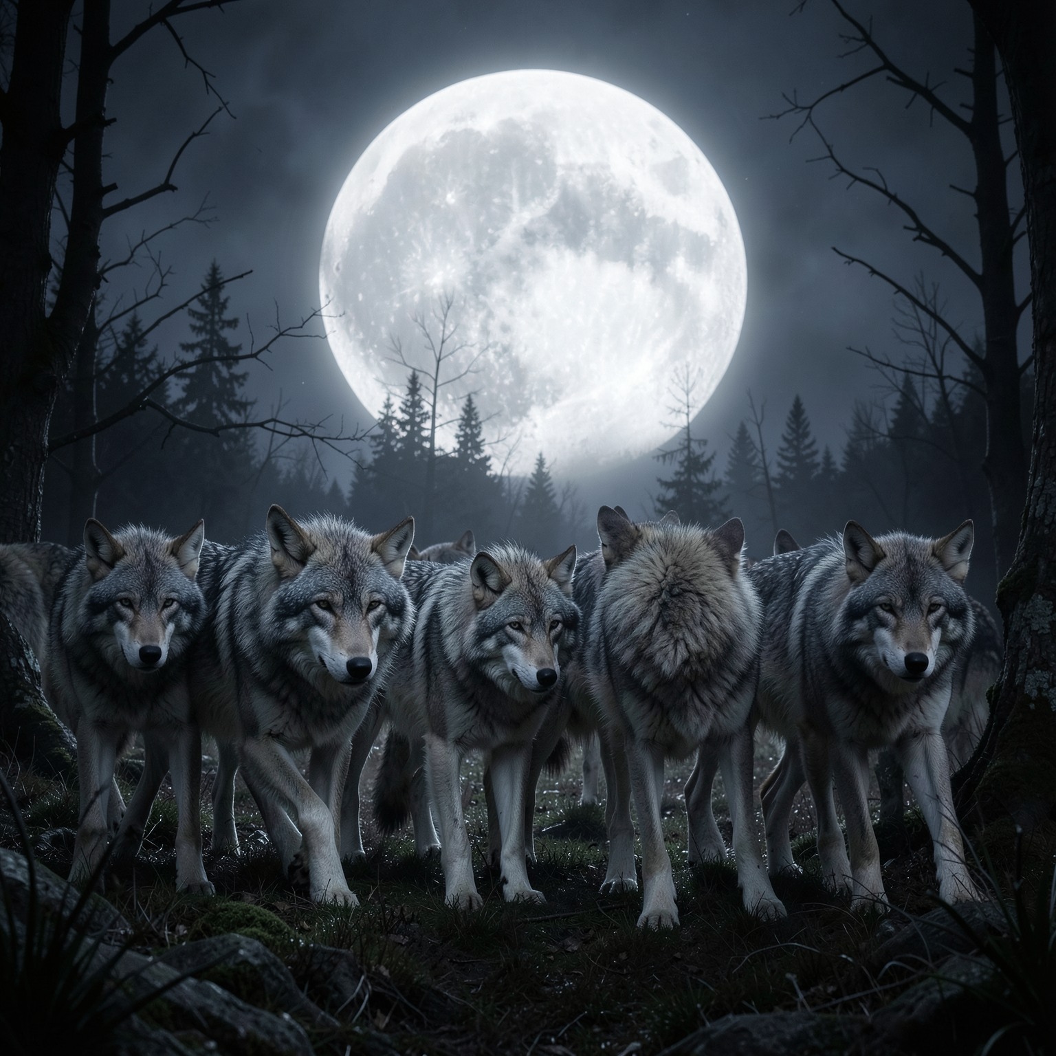 realistic wolf pack under full moon